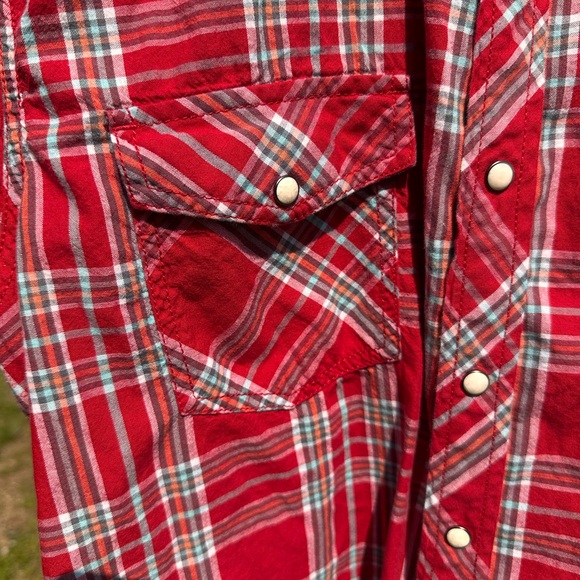 Red Plaid Pearl Snap Western Shirt XL | Oversized Flannel Cowgirl Ranch Style - Picture 5 of 8